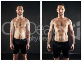 Before and after. Before and after shot of a shirtless young man posing against a dark background.