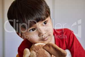 The purity of childhood is so precious. Shot of an adorable little boy playing with his stuffed toys at home.