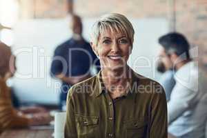 I'm happy to lend my expertise. Cropped portrait of a mature businesswoman sitting in the boardroom during a presentation.