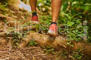Tread consciously. Cropped shot of an unidentifiable mans feet as he hikes through the jungle.