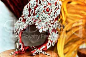 This completes the entire outfit. Closeup shot of a costumes headwear of samba dancers for carnival with no people.