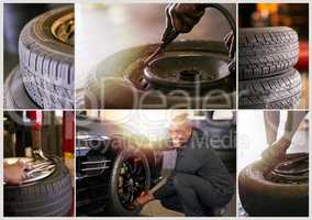 He knows his tires. Composite image of a mechanic working in a garage and closeups of tires.