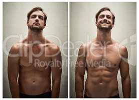 Transforming his physique. Before and after studio shot of a shirtless young man working on his physique.