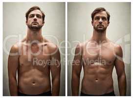 Rebuilding his body. Before and after studio shot of a shirtless young man working on his physique.