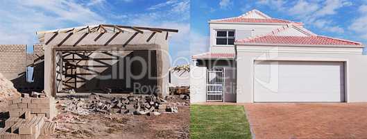 Before and after shot of home from start to finish - The house designs displayed in this image represent a simulation of a real product and have been changed or altered enough by our team of retouching and design specialists so that they are free of any c