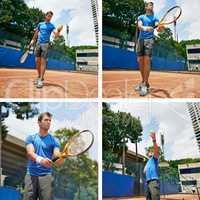 Serving in sequence. Composite image of a man playing tennis.