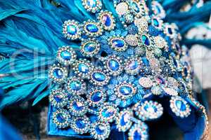 Enough sparkle for everyone to see. Closeup shot of a costumes headwear of samba dancers for carnival with no people.