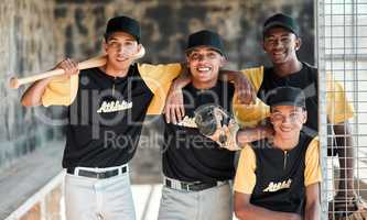 Well give you a run for your money. Portrait of a group of young baseball players standing together in the dugout.