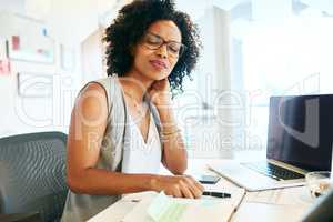 This is getting really uncomfortable. Cropped shot of a businesswoman suffering from neck pain.