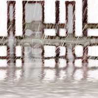 Concept of water ripples with a painted metal frame background. Creative, abstract copyspace of metallic window detail and rain fall on a lake. Tranquil brown and grey reflections on a peaceful pond