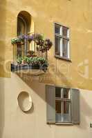 View of yellow city houses in Stockholm, Gamla Stan with potted flowers and plants growing on a balcony. Travel, tourism abroad, overseas for holiday, vacation. Scenic architecture view of empty home