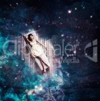 Dreaming through the universe. Illustration of a young woman sleeping on a deck chair floating through the universe.