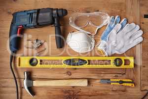 The perfect DIY kit. High angle shot of work tools.