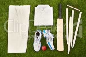 Ready to hit the pitch. High angle shot of cricket gear.