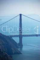 Golden Gate Bridge in San Francisco, America at night. Landscape and scenic bay view of city infrastructure, architecture design. Morning travel, commuting on famous water highway bridge to the city