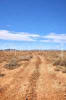 Landscape of arid, barren highland in Savanna Desert in rural South Africa with copyspace. Dry, empty, vacant, remote land against blue sky. Global warming and climate change in drought environment