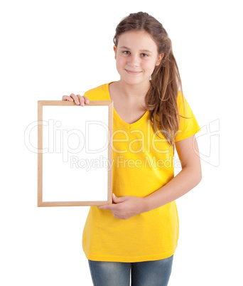 girl holding white board