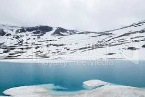 Majestic beautiful landscape glacial lake and ice snow mountain blue white