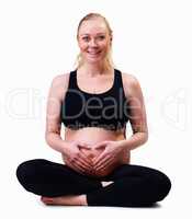 Pregnant woman with hands forming heart shape against white. Love and new life - pregnant woman with hands forming heart shape against white background.