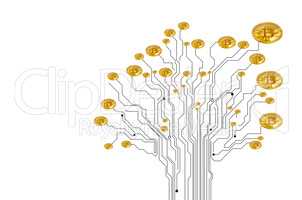 Who said money doesnt grow on trees. Conceptual image of a bitcoin growing on a tree-shaped circuit board against a white background.