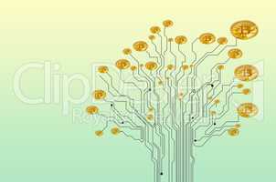 Crypto is an asset with massive potential for growth. Conceptual image of a bitcoin growing on a tree-shaped circuit board against a green background.