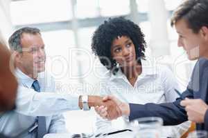 Reaching an agreement. Two businessmen shaking hands in agreement during a meeting.