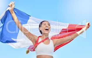 French athlete celebrating her gold medal olympic win, flying a flag. Smiling fit active sporty woman feeling motivated. Celebrating national pride and achieving gold medal in olympic sport