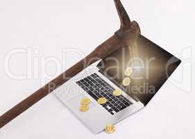 Financial peace isnt the acquisition of stuff.. a pick hitting the screen of a laptop against a white background.