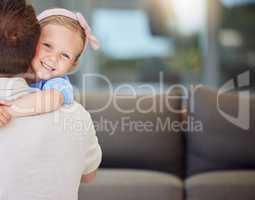 Little preschooler girl hugging father. Sweet daughter embracing loving parent. Little girl feeling loved