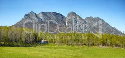 Landscape view of mountains, blue sky and copy space in a remote countryside field in Norway. Discovering scenic pine tree woods or forests and a cabin in a serene, tranquil and quiet nature meadow