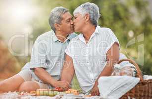 The only lips I want to kiss. a mature couple kissing during a picnic.