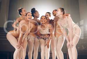 Its the rhythm of your life. a group of ballet dancers laughing together on stage.