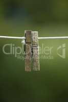 Copy space of old clothespins hanging on abandoned washing or laundry line with bokeh outside. Closeup of spiderwebs, moss or algae from wet climate neglect covering clothes pegs for housework chores