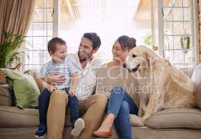 In my family, crazy is relative. All of them. Shot of a young family sitting on the living room sofa with their dog.