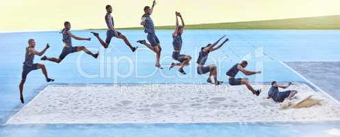 A sequence of a fit male athlete jumping in a sandpit competing in the long jump. Professional athlete or track racer during long or triple jump attempt is a competitive sports event or training
