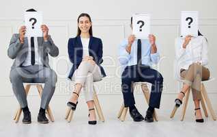 Portrait mixed race businesswoman as selected candidate in group of diverse businesspeople waiting for interview. Team of men and women applicants in line for job opening, vacancy, office opportunity