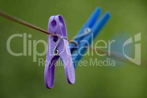 Copy space of plastic clothespins hanging on washing cable or laundry line with bokeh outside. Closeup of neglected spiderwebs covering purple or blue clothes pegs for housework chores with copyspace