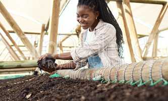Farmer holding dirt with worms. Happy farmer looking at soil with worms. Happy farm worker checking her soil. African american farmer in a plant nursery. Farmer holding a pile of dirt.