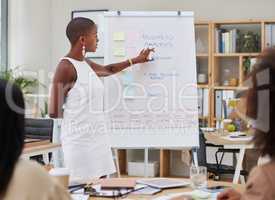 Ambitious african american businesswoman using whiteboard to train staff in office workshop. Black professional standing and teaching team of colleagues. Sharing idea and planning marketing strategy