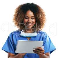 Its got instant access to all that I need. Studio shot of an attractive young nurse using a digital tablet against a white background.