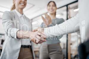 You deserve all the success life has to offer. Shot of two unrecognizable businespeople shaking hands in an office at work.