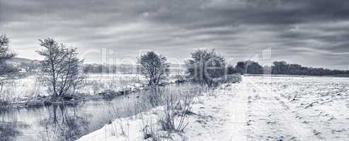 Gloomy monochrome winter landscape, snow covered fields with grey cloudy sky. Empty black and white frosted farmland and frozen river with pine trees. Snowfall in Scandinavia on greyscale background