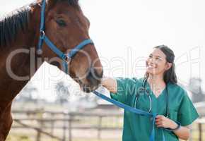 Well have you racing in no time. Shot of an attractive young veterinarian standing alone and attending to a horse on a farm.