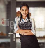 Beautiful businesswoman standing in her cafe entrance. Mixed race boss arms crossed in her coffeeshop. Bistro owner standing in her restaurant entrance. Portrait of small business owner in her store