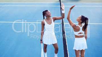 If you fail to prepare, youre prepared to fail. two attractive women high fiving while playing tennis outside.