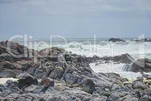 A rocky coastline in the Cape Province, South Africa. Ocean waves crashing on coastal rocks on a sunny summer day with blue clear skies and a scenic tropical landscape beachfront in the Western Cape