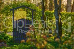 Small wooden gate in the countryside. Lush green garden upon entrance to private home in the woodlands. Sanctuary or safe haven in remote area in nature. Frontyard with trees, plants and green grass