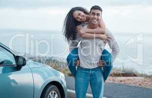 Shes got my back now until forever. Shot of a young couple on a road trip together.