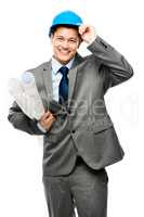 He has a hand in shaping your world. Shot of a businessman working in construction against a studio background.