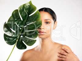 All natural. Studio portrait of an attractive young woman posing with a palm leaf against a grey background.